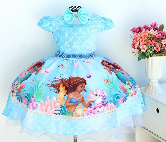 Imagem de Vestido De Festa Infantil Ariel Pequena Sereia Filme E Tiara