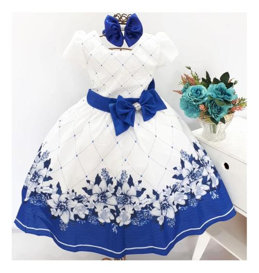 Imagem de Vestido De Festa Infantil Floral Azul Royal Florista Casamento E Tiara