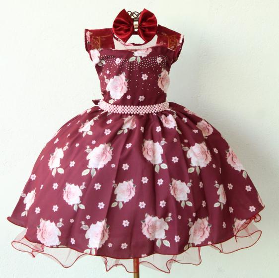 Imagem de Vestido De Festa Infantil Floral Marsala Luxo E Tiara