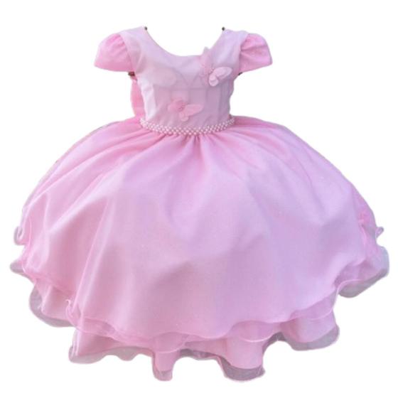 Imagem de Vestido de festa infantil rosa com aplicações de borboletas delicadas linha luxo casamentos e eventos 066