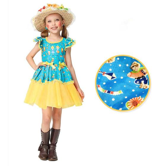 Imagem de Vestido de Festa Junina Infantil Ester Amarelo e Azul Barato