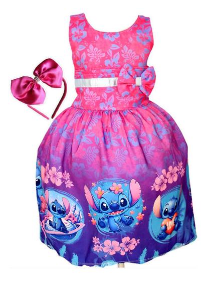 Imagem de Vestido De Festa Luxo Infantil Rosa Menina Stitch Tiara