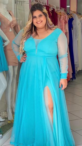 Imagem de Vestido De Festa Plus Size Madrinha com manga longa Brilhoso Elegante Carol