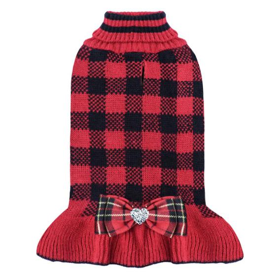 Imagem de Vestido de suéter para cães KYEESE, xadrez de Natal com gravata borboleta para cães