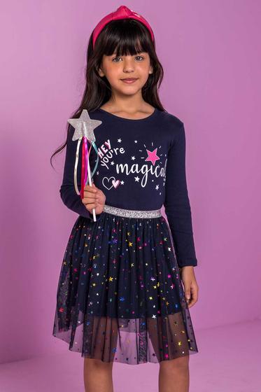 Imagem de Vestido em Malha Magical Azul Marinho com Saia em Tule Estrelas e Varinha - Kukie