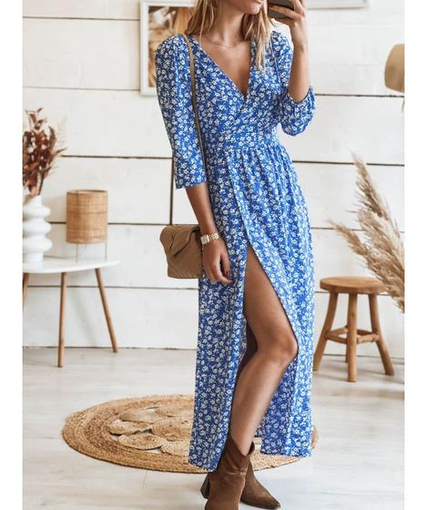 Imagem de Vestido estampado com decote em V primavera/verão para mulheres azul