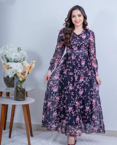 Imagem de Vestido Evangélico Longo Feminino Manga Longa Social Delicado