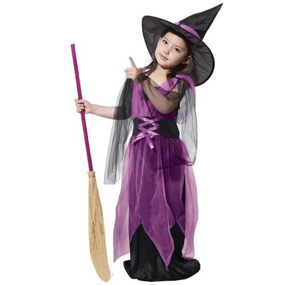 Imagem de Vestido Fantasia Infantil Juvenil Adulto Luxo Festa de Halloween Dia das Bruxas Bruxinha Roxo e Preto + Chapéu