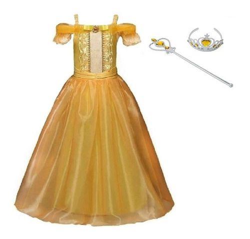 Vestido Fantasia Princesa A Bela E A Fera + Coroa E Varinha Menor preço em Vestido Fantasia Princesa A Bela E A Fera + Coroa E Varinha