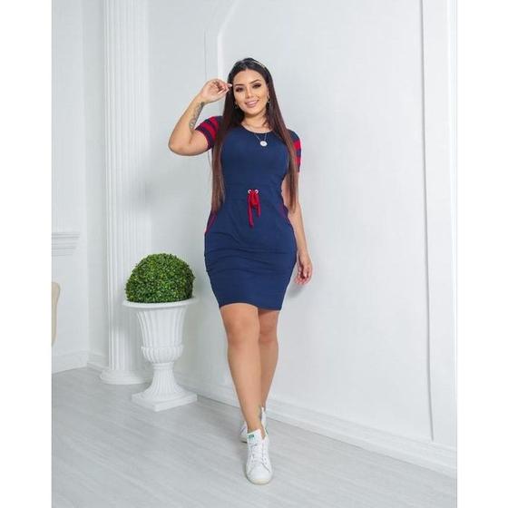 Imagem de Vestido Feminino Adulto De Malha Midi Com Bolso Manga Curta Básico Casual