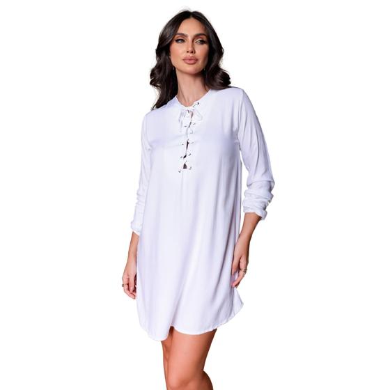 Imagem de Vestido Feminino Camisão Chemise Manga Longa Decote Em V Modelo Indiano Trançado De Ajustar