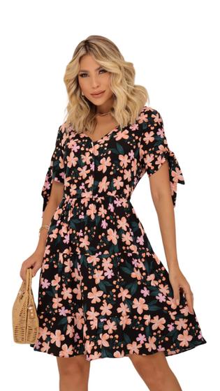 Imagem de Vestido Feminino Com Detalhes em Botões Em Viscose Florido Tendência Primavera/Verão Tecido Premium
