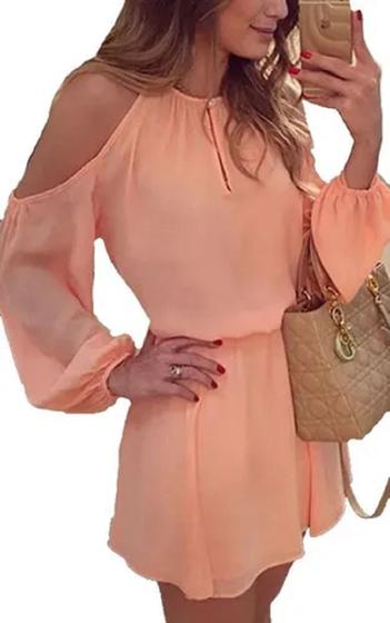 Vestido Feminino Curto Chemise Manga Longa Ombro Nu Abertura Atrás Menor preço em Vestido Feminino Curto Chemise Manga Longa Ombro Nu Abertura Atrás
