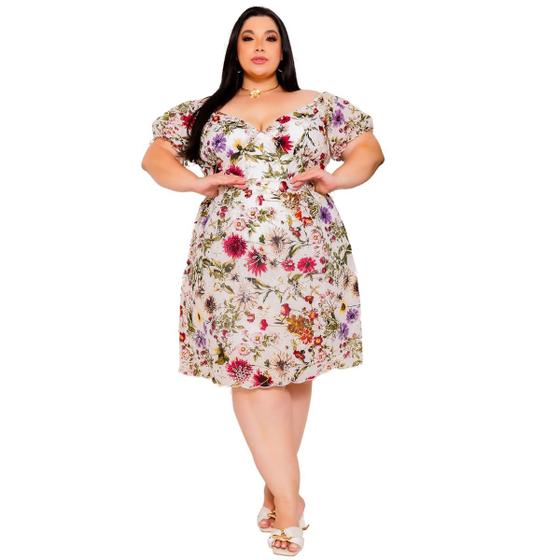 Imagem de Vestido feminino curto decote V profundo florido laise bordado algodão estampa floral até o joelho moda slim e Plus Size 40 ao 56