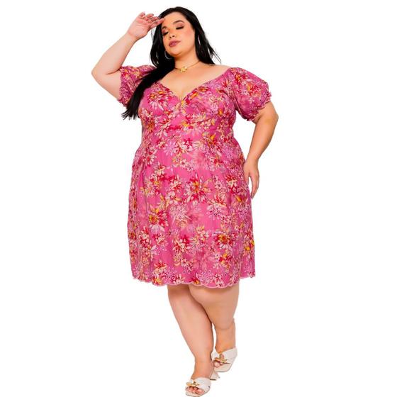 Imagem de Vestido feminino curto decote V profundo florido laise bordado algodão estampa floral até o joelho moda slim e Plus Size 40 ao 56