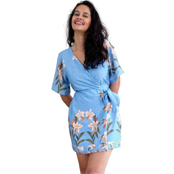 Imagem de Vestido Feminino Curto Estampado Decote V Floral Acinturado Elegante Casual Fresquinho Moderno Moda Tendência Soltinho