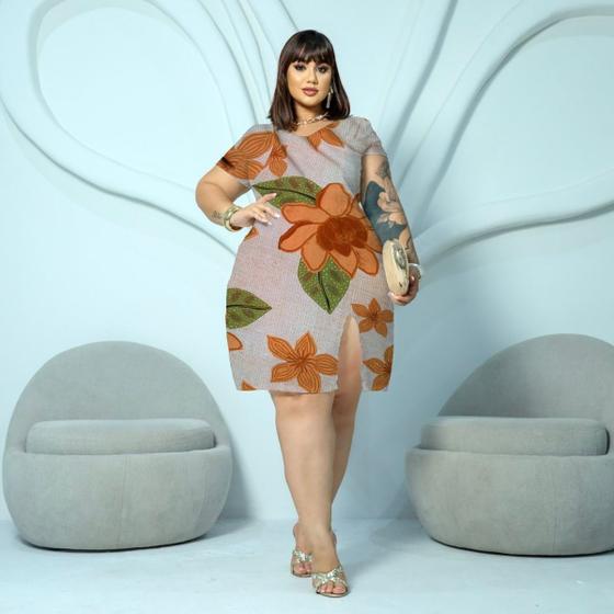 Imagem de Vestido Feminino Curto Floral decote V leve com fenda manga curta plus size real viscolinho 48 ao 62