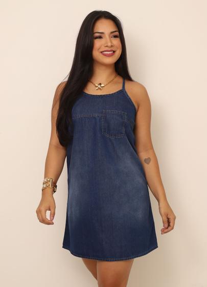 Imagem de Vestido Feminino Curto Jeans Batinha com Alças Reguláveis