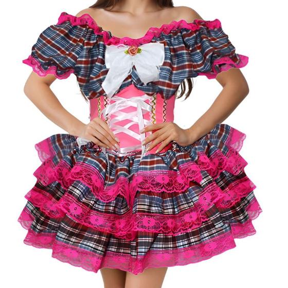Imagem de Vestido Feminino de Festa Junina Luxo Xadrez Super Rodado Acinturado Com Espartilho Tamanhos do 32 a 50
