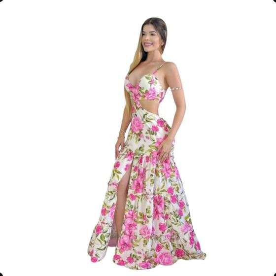 Imagem de Vestido Feminino Estampado Floral Longo Vazado/ Fenda Verão
