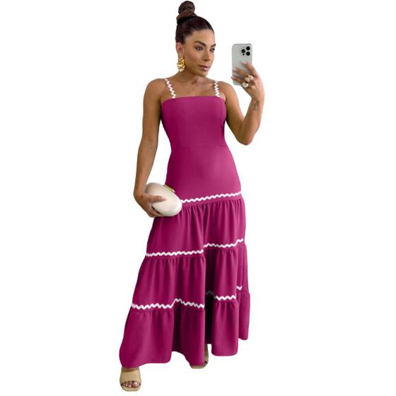 Imagem de Vestido Feminino Longo Casual Elegante Moderno Alcinha Fina Acinturado Fashion Confortável Moda Evangélica Fresquinho Tendência Babado Decote