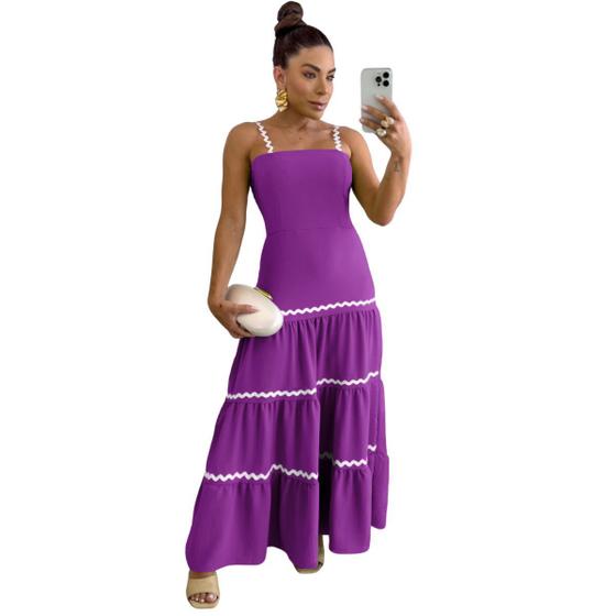 Imagem de Vestido Feminino Longo Casual Elegante Moderno Alcinha Fina Acinturado Fashion Confortável Moda Evangélica Fresquinho Tendência Babado Decote