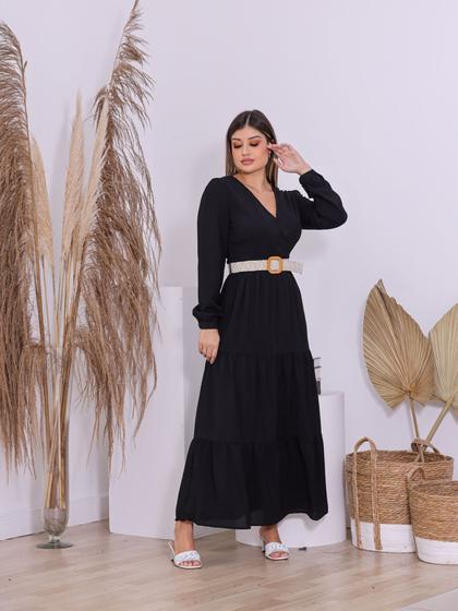 Imagem de Vestido Feminino Longo com Decote Transpassado e Punhos em Elástico com Cinto Confortável