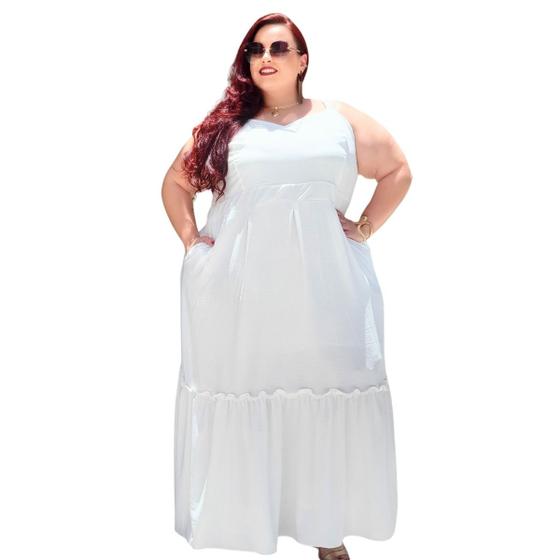 Imagem de Vestido feminino longo de alças largas com elastico todo forrado e bolsos laterais duna liso casual 40 ao 60 - G ao G4