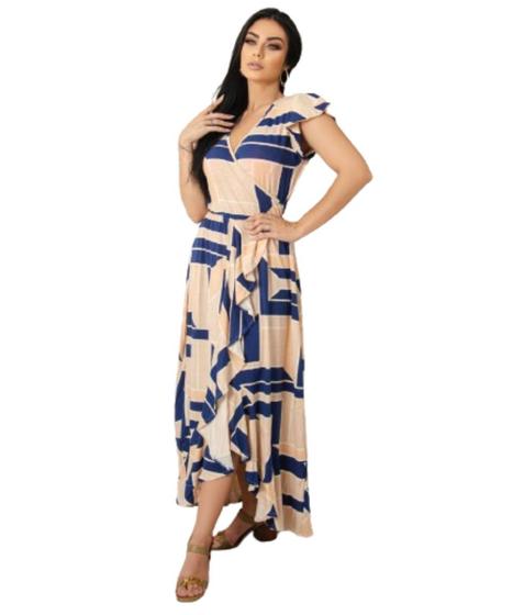 Imagem de Vestido Feminino Longo Decote V Babado Barra Manga Curta Malha Viscolycra