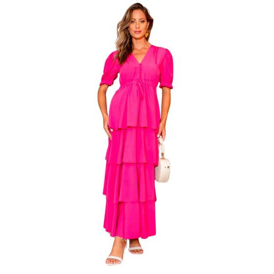Imagem de Vestido feminino longo manga curta liso com babados na saia romantica elegante em crepe com forro