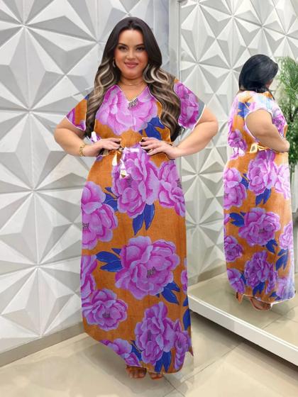 Imagem de Vestido Feminino Longo Plus Size Viscolinho Gola V E Cinto no Mesmo Tecido