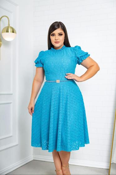 Imagem de Vestido Feminino Midi Lese Manga Curta Modesto Casual Cinto de Pérola Godê Princesa Delicado Gola alta