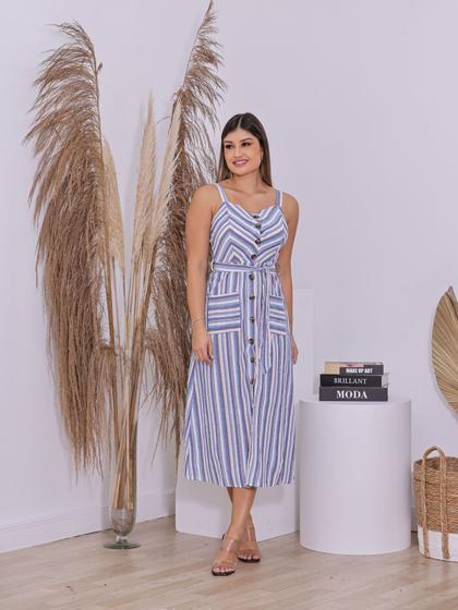 Imagem de Vestido Feminino Midi Listrado em Sarja com Botões Frontais Bolsos e Faixa Casual