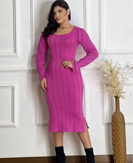 Imagem de Vestido Feminino Midi Manga Longa Trico Canelado Tubinho 