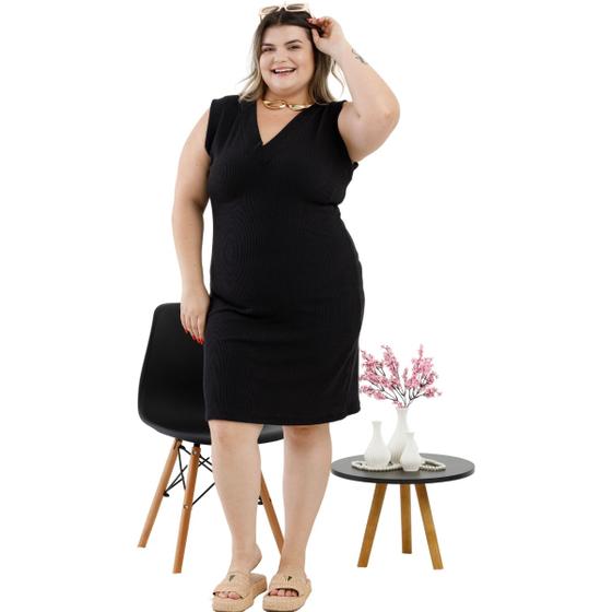 Imagem de Vestido Feminino Midi Plus Size Ribana Anarruga Decote V Alças Larga Básico Over Confortável 3068A