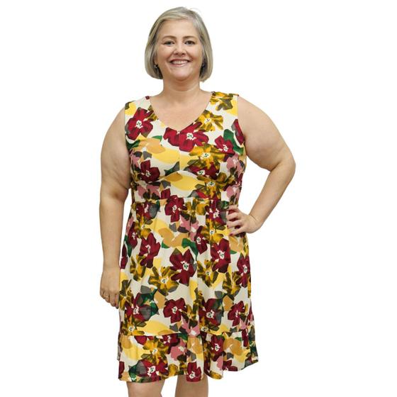 Imagem de Vestido Feminino Plus Size Estampado Gola V Regata Frente Forrada