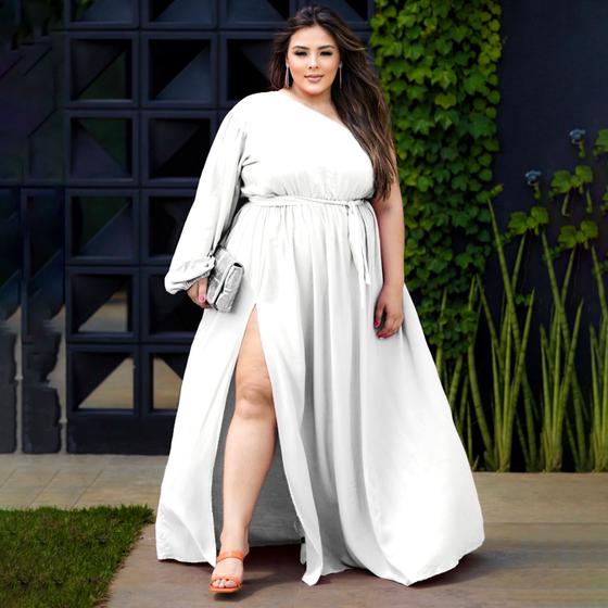 Imagem de Vestido Feminino Plus Size Longo Manga longa Única Ajustável Ao Corpo Com Fenda E Faixa Várias Amarrações