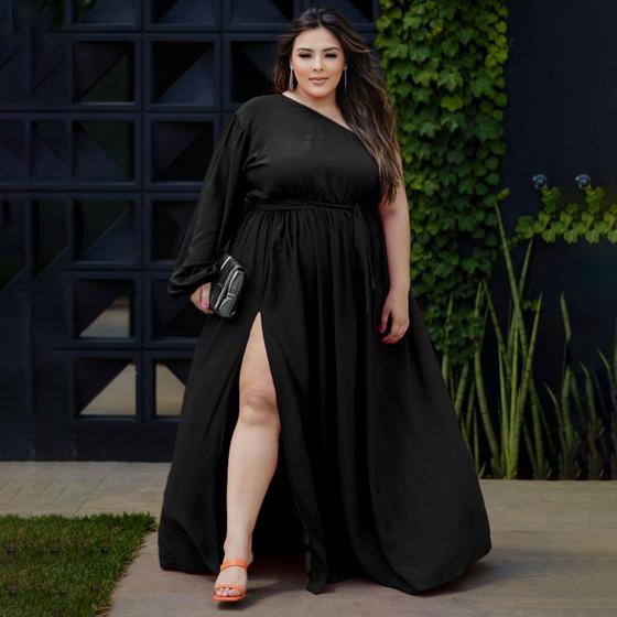 Imagem de Vestido Feminino Plus Size Longo Manga longa Única Ajustável Ao Corpo Com Fenda E Faixa Várias Amarrações