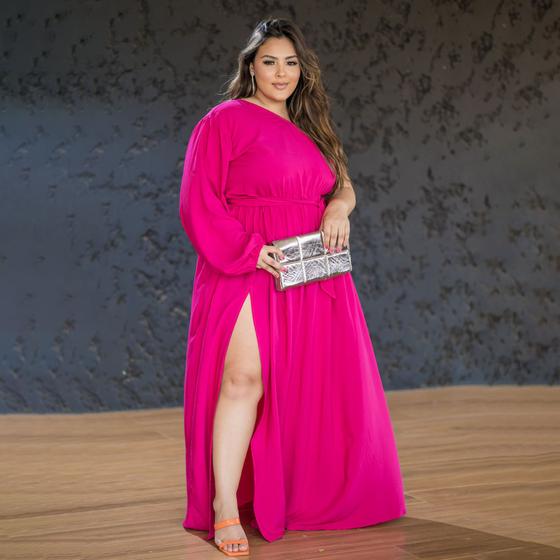 Imagem de Vestido Feminino Plus Size Longo Manga longa Única Ajustável Ao Corpo Com Fenda E Faixa Várias Amarrações