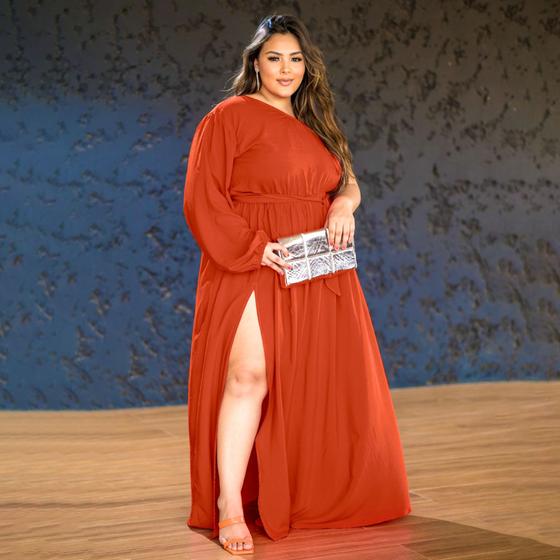 Imagem de Vestido Feminino Plus Size Longo Manga longa Única Ajustável Ao Corpo Com Fenda E Faixa Várias Amarrações