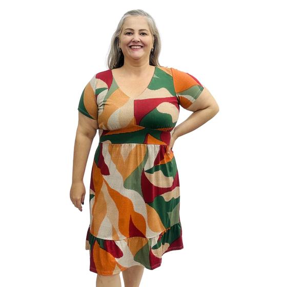 Imagem de Vestido Feminino Plus Size Midi Gola V Manga Curta Estampado