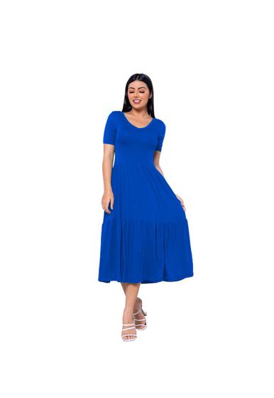 Imagem de Vestido Feminino Saia 3 Marias Midi Soltinho Decote V Manga Curta Casual Gola Redonda