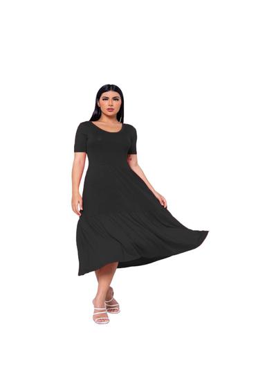 Imagem de Vestido Feminino Saia 3 Marias Midi Soltinho Decote V Manga Curta Casual Gola Redonda