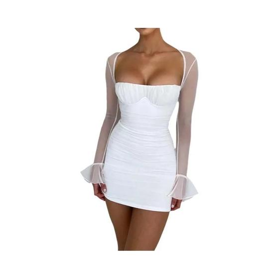 Imagem de Vestido Feminino Sexy Mini Halter - Renda, Manga Longa e Transparência