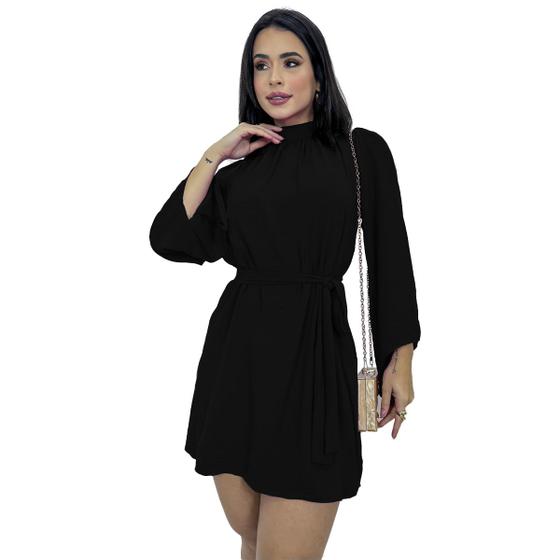 Imagem de Vestido Feminino Soltinho Manga Longa Flare Cinto Social