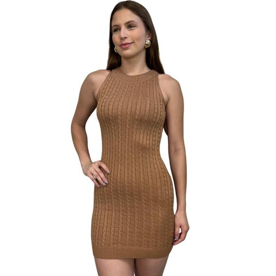 Imagem de Vestido Feminino Tricô Garrafinha Curto Sem Manga Moderno Trançado