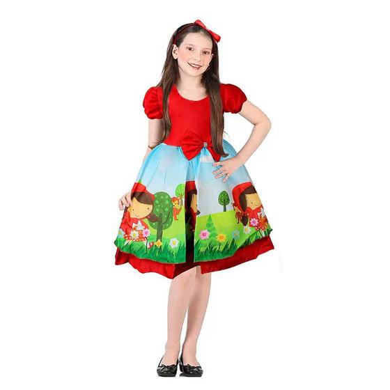 Imagem de Vestido Festa Infantil Feminino Fantasia Chapeuzinho Vermelho Com Tiara