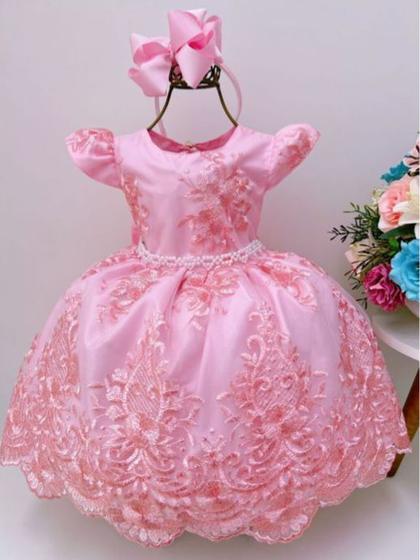 Vestido festa infantil realeza rosa renda princesa luxo Menor preço em Vestido festa infantil realeza rosa renda princesa luxo