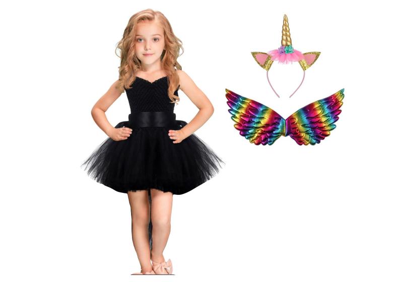 Imagem de Vestido festa infantil unicornio tutu super luxo + asinha + tiara 1/2 anos