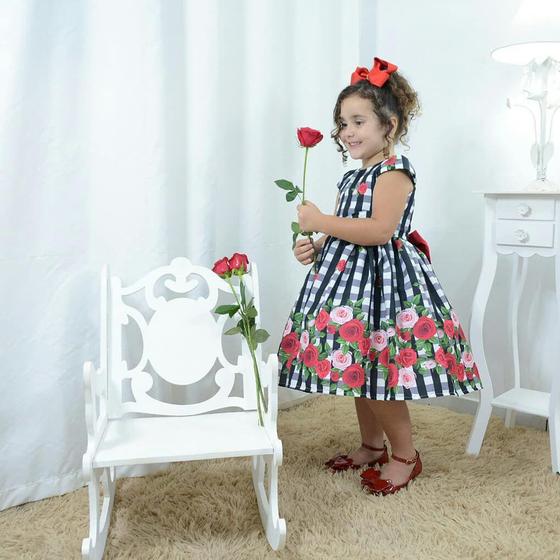 Imagem de Vestido festa infantil xadrez floral com rosas vermelhas